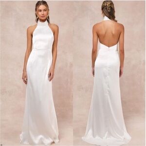 Lulus Women's Luxe Destiny White Satin Backless Halter Mermaid Maxi Dress Medium